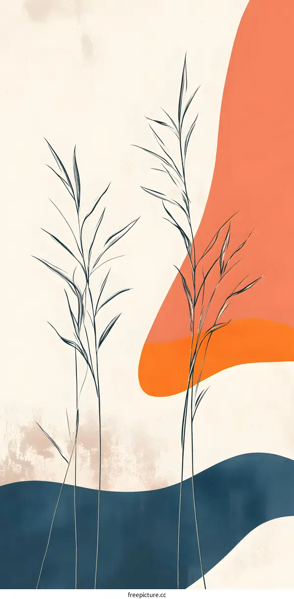 Abstract Minimalist Grass and Orange and Blue Shapes Art Print