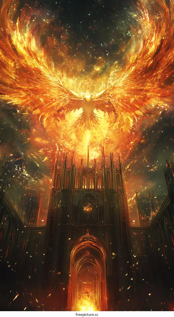 Phoenix Rising From Flames Over Cathedral
