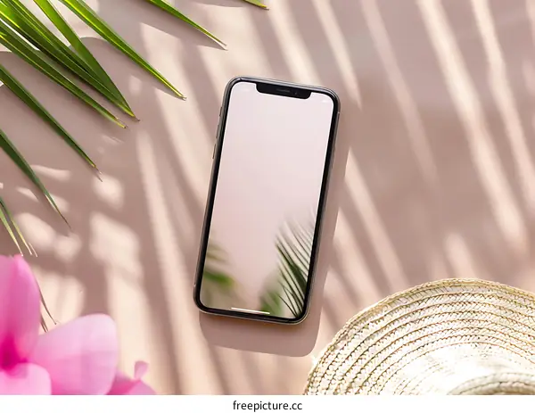 Summer Phone Mockup with Hat and Palm Leaves