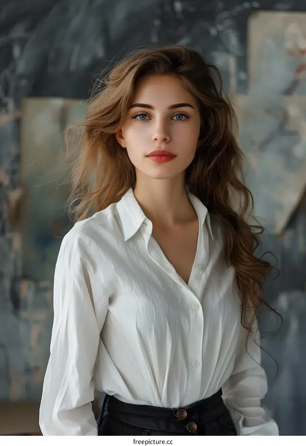 portrait of a beautiful young woman with long brown hair wearing a white shirt