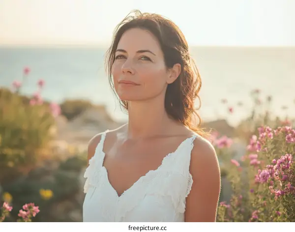 Woman Outdoors in Nature with Flowers