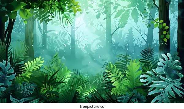 Green Lush Forest Illustration with Fog