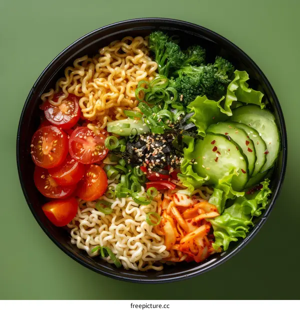 Korean ramen bowl with kimchi, cucumber, tomato and lettuce
