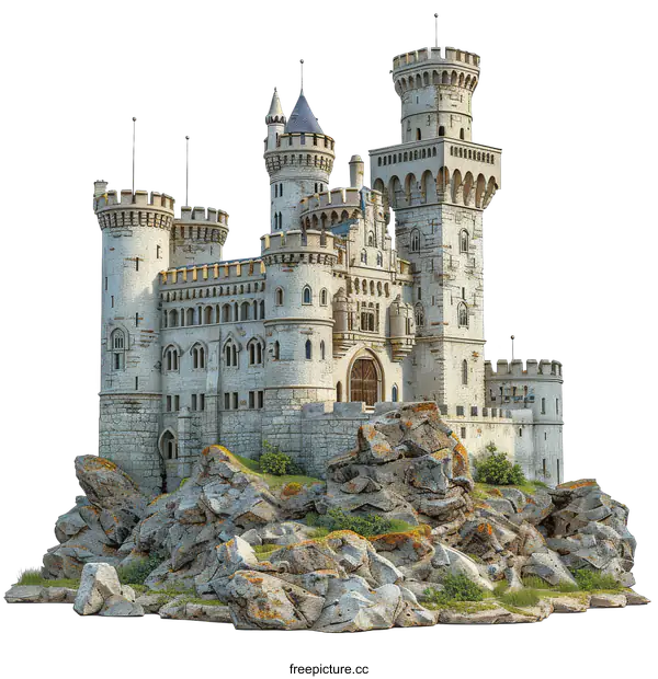 [Transparent Background PNG]Medieval Castle on a Rocky Outcrop