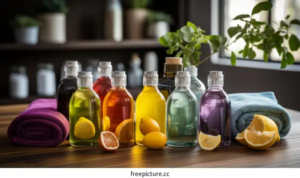 Essential Oils and Lemons on a Wooden Table