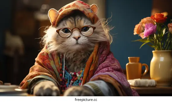 A cat wearing a headscarf and glasses is sitting at a table.