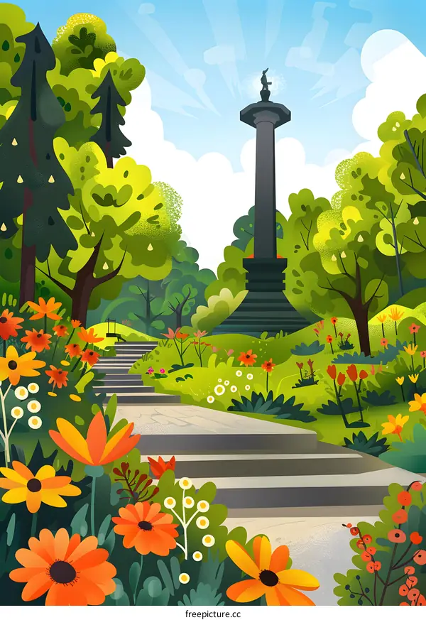 Stone Column and Stairs in a Lush Park