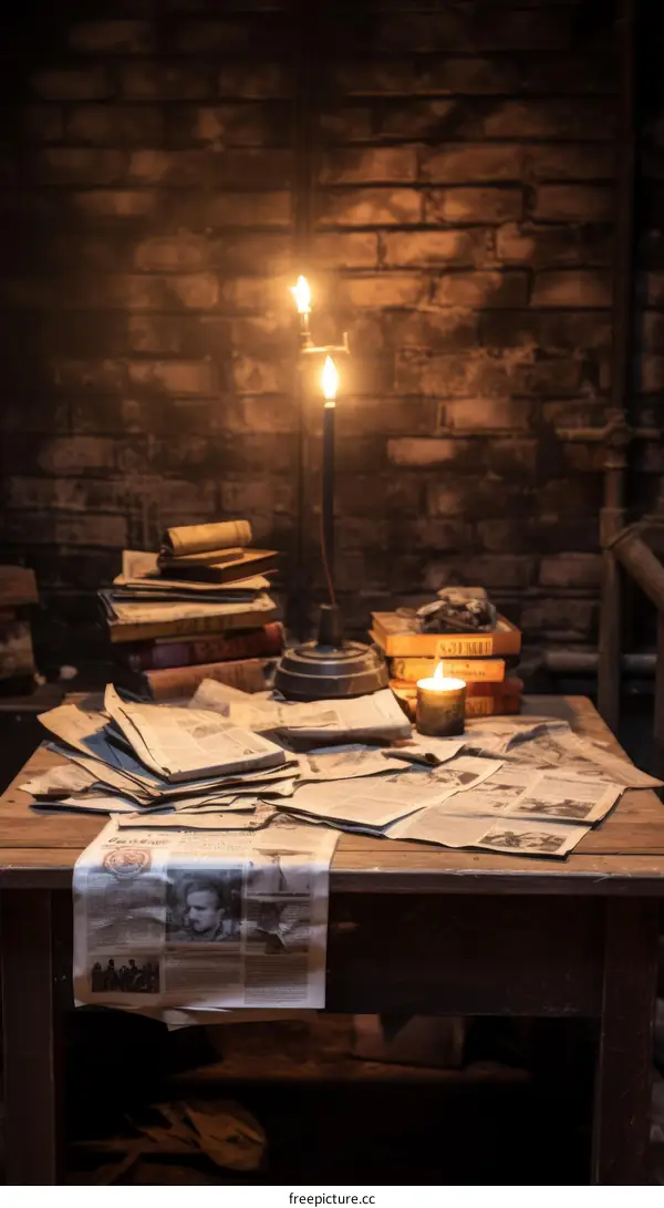 A dimly lit room with a table covered in books and newspapers