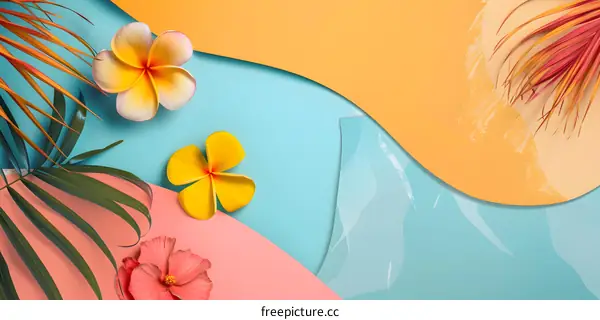 Tropical Flowers and Palm Leaves on Colorful Background