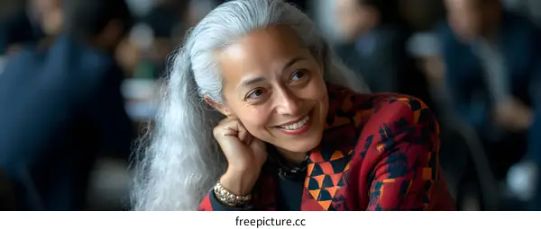 Smiling Woman With Long Grey Hair