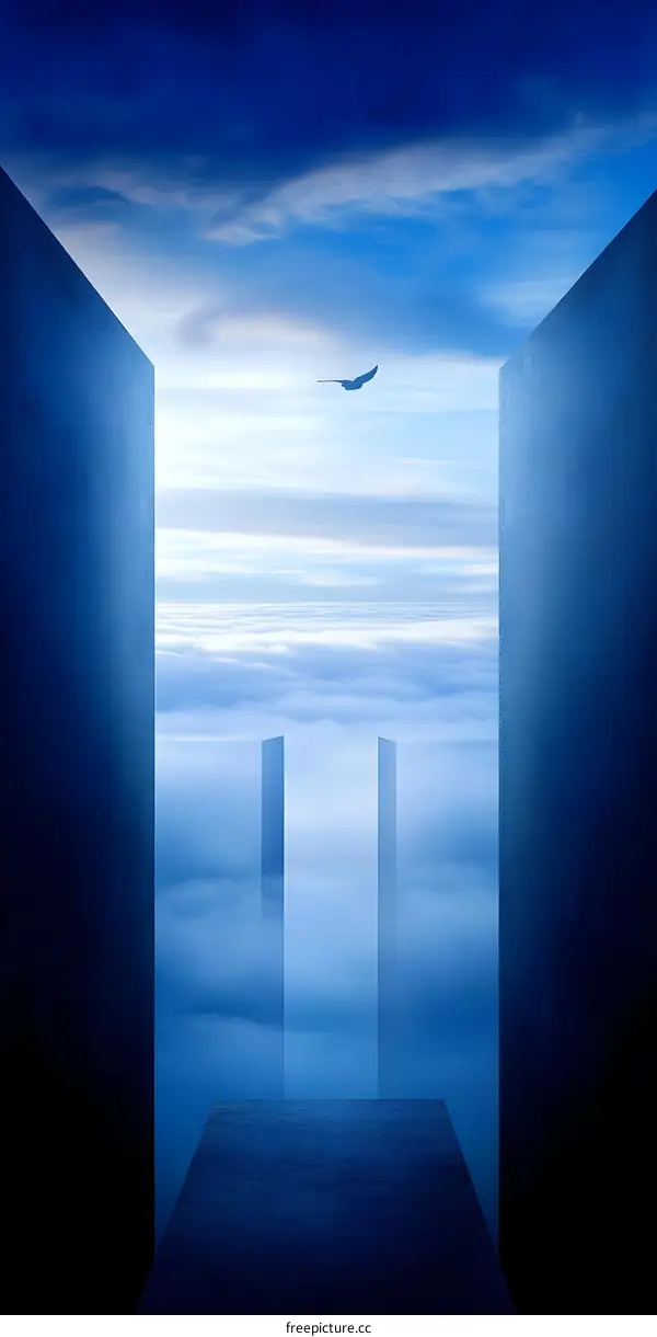 Abstract Minimalist Blue Sky with Bird and Clouds