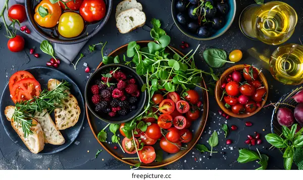 Variety of fresh vegetables and fruits on a rustic table