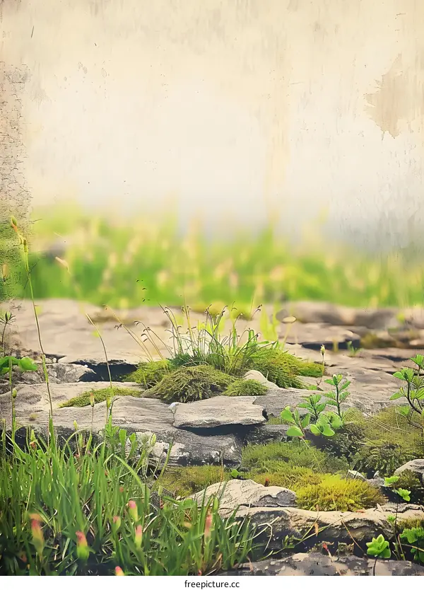 Vintage Style Green Mossy Rocks With Blurred Background
