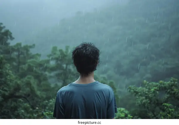 Man standing in the rain looking at the forest