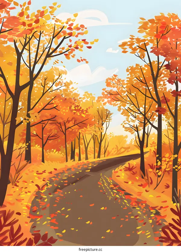 Autumn Forest Path With Colorful Leaves