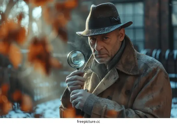 A man wearing a hat and coat is holding a magnifying glass.