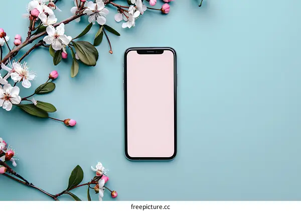 Smartphone Mockup with Blooming Flowers on Blue Background