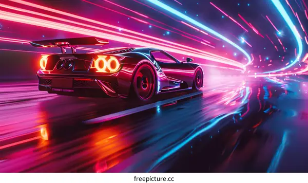 Black Sports Car Speeding Through Neon Tunnel