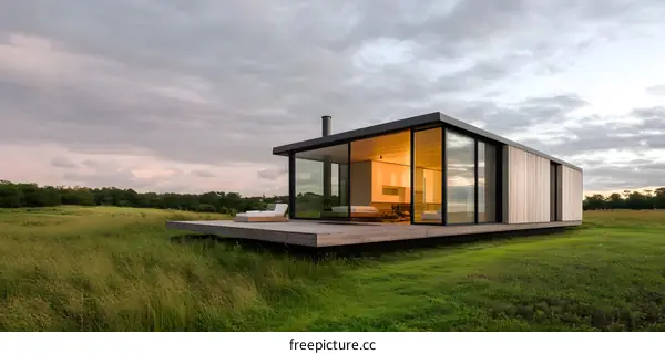Modern Minimalist Cabin In Field With Grass