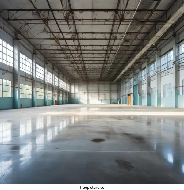 An empty warehouse with a concrete floor and large windows