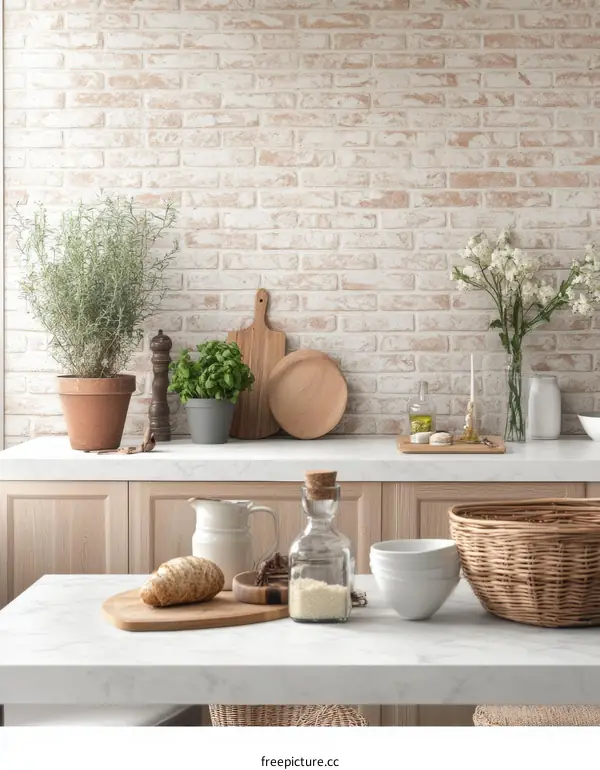 Rustic Kitchen Decor with White Brick Backsplash