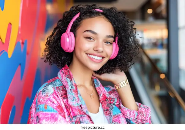 Smiling Young Woman with Pink Headphones in a Shopping Mall