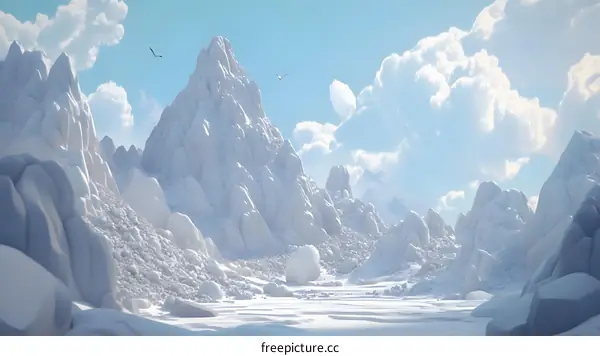 Snowy Mountain Range With Birds Flying in the Sky