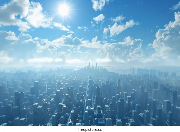Blue Sky and White Clouds Hovering Over a Crowded City Skyline