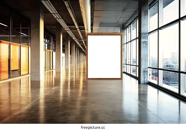 Modern Empty Hallway Interior With Blank Poster And City View