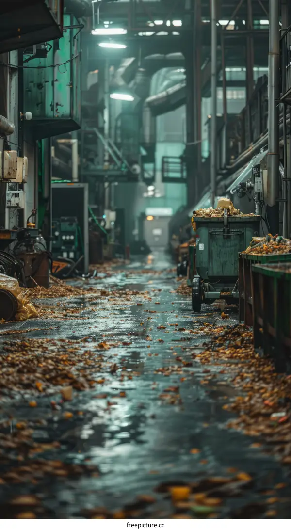 A wet alleyway with fallen leaves