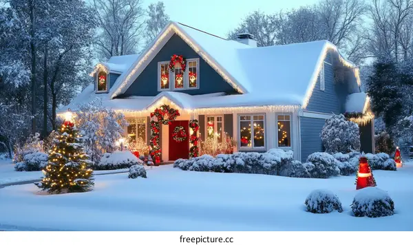Snowy Christmas House Decorated with Lights and Wreaths