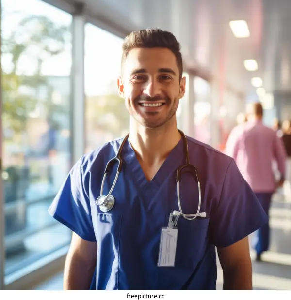 Portrait of a smiling young male doctor in a blue uniform standing in a hospital hallway