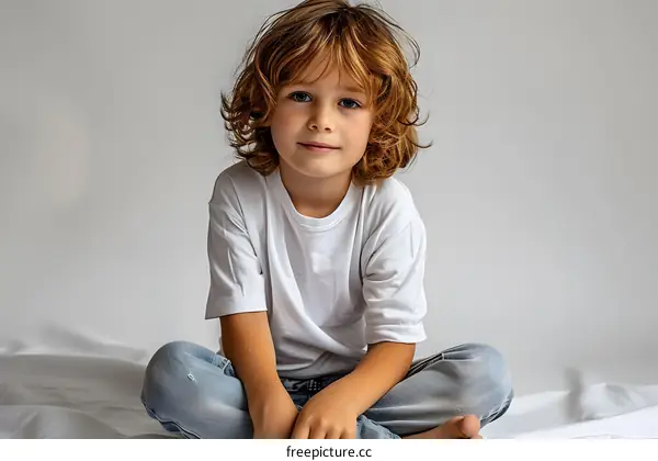 Young Boy Sitting on a Bed
