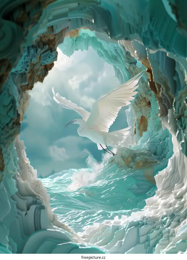 Great white egret emerges from a magical cave
