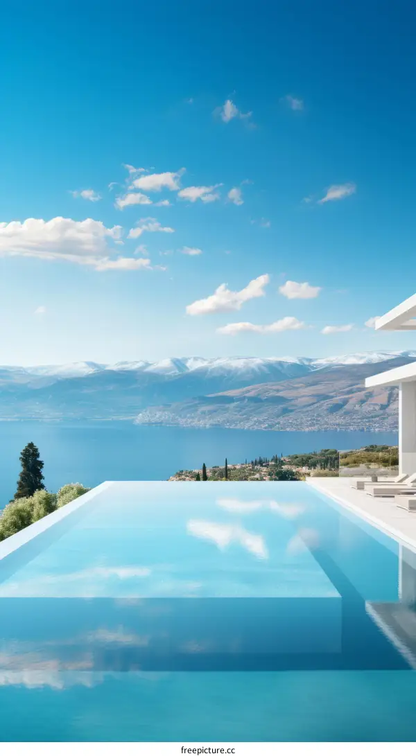 Modern house with infinity pool overlooking lake and mountains