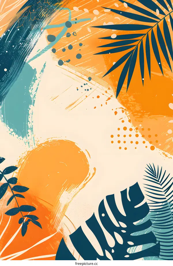 Abstract Tropical Leaves Background with Orange and Teal Colors