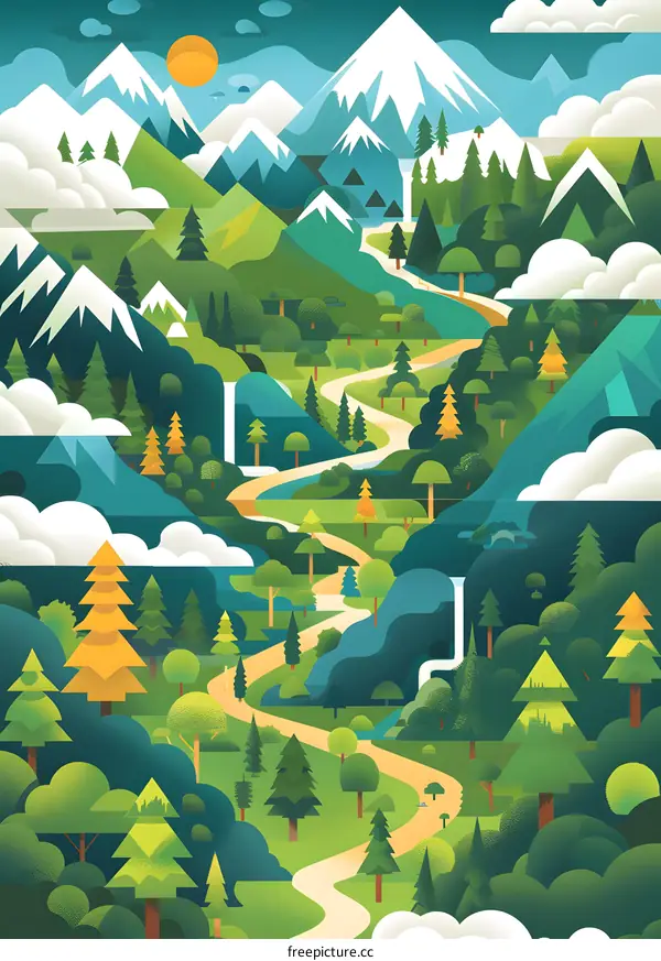 Winding Road Through Green Forest With Snowy Mountains in Background