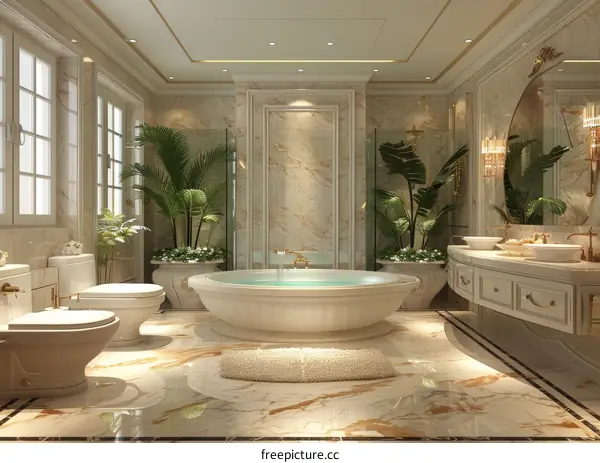 Luxury Bathroom with White Bathtub, Marble Floor and Plants