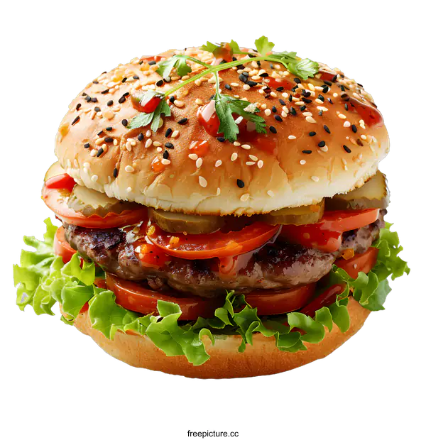 [Transparent Background PNG]Delicious Burger with Lettuce, Tomato, and Pickles