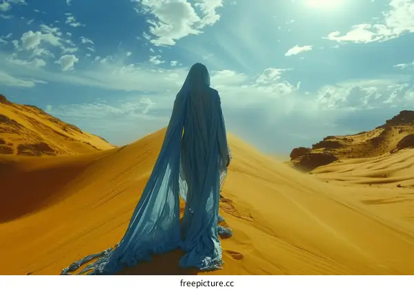 A figure in a blue robe walks through a desert landscape