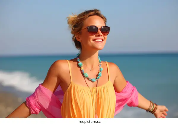 Woman enjoying the beach with a beautiful smile