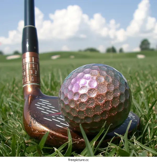 Close-up of a Golf Ball on a Tee with a Green Field and Blue Sky in the Background