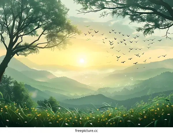 Misty Forest Landscape with Flying Birds