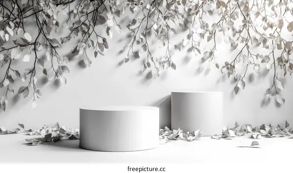 Elegant White Product Display with Gray Leaves