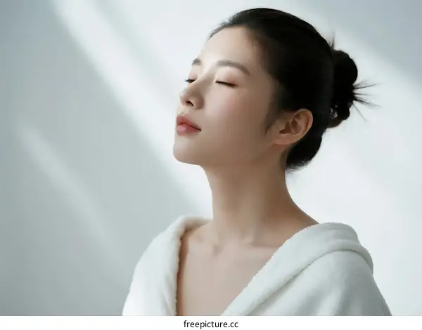 A Young Woman Wearing White Robe with Closed Eyes