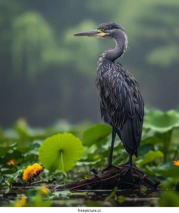 Grey Heron Stalks Through Lotus Blossoms and Grabs a Fish