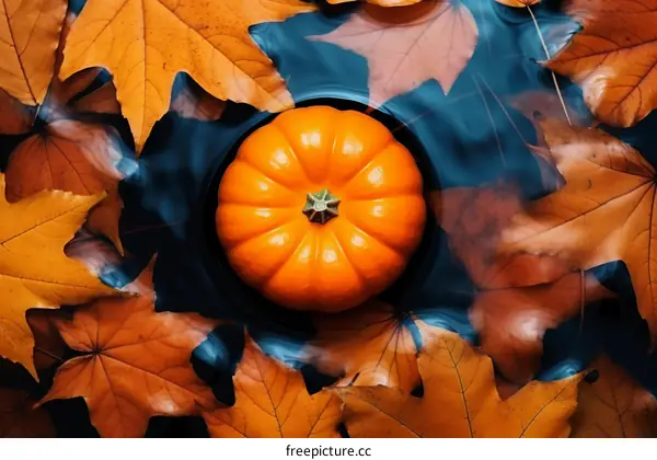 Floating Orange Pumpkin with Fall Maple Leaves