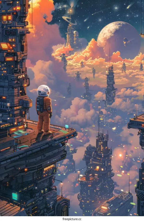 An astronaut looking out over a city on a distant planet