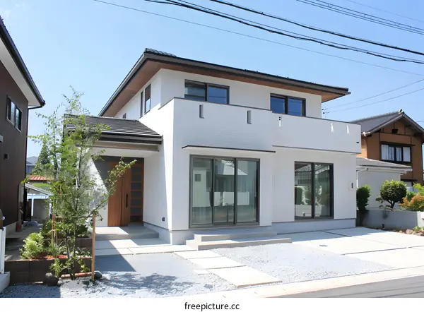 Modern White House with Gravel Yard and Green Tree