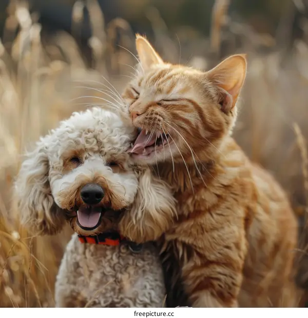 Fluffy ginger cat and white dog cuddle in a field